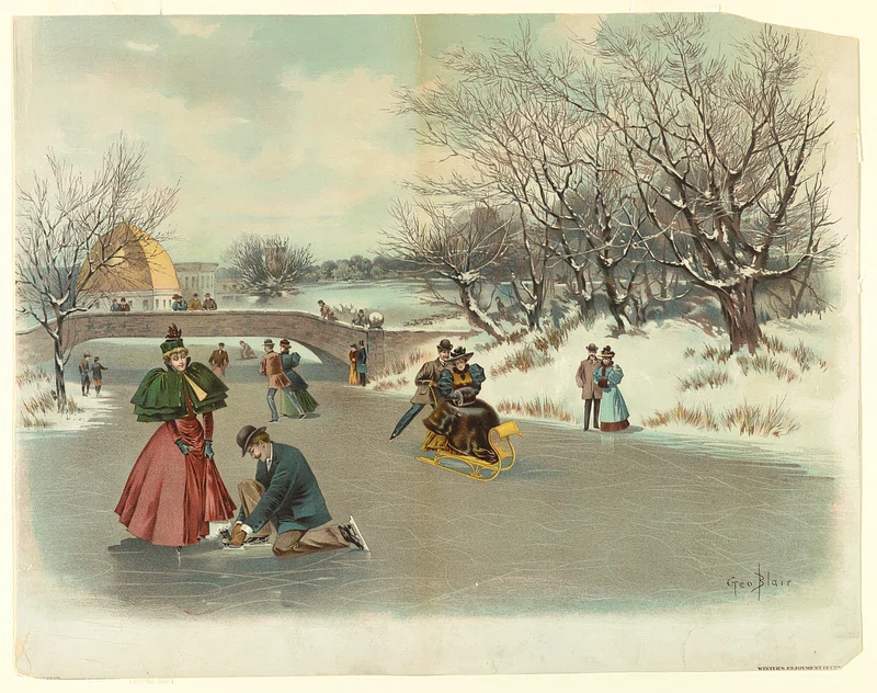 Vintage illustration depicting people ice skating and enjoying winter activities in a snowy landscape, featuring elegant 19th-century attire.