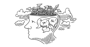 Illustration of a human head with tangled lines inside, featuring speech bubbles with 'Yes' and 'No' in a thought process representation.
